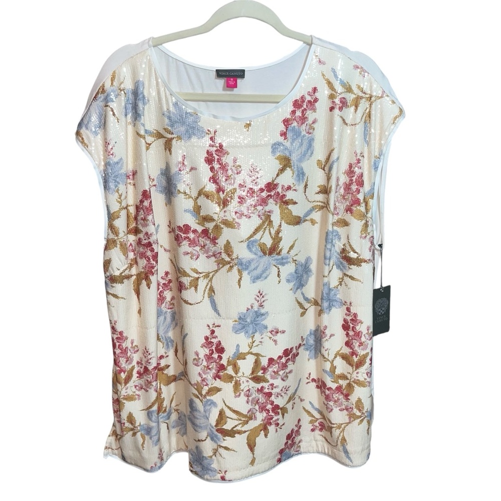 Vince Camuto Cream Floral Sequin Short Sleeve Blouse with Blue and Pink Accents